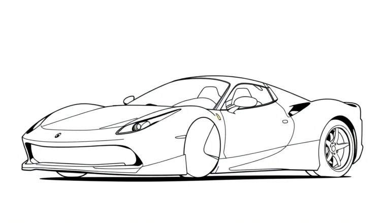 Dessin au trait d'une voiture de sport Ferrari pour coloriage, style livre de coloriage.