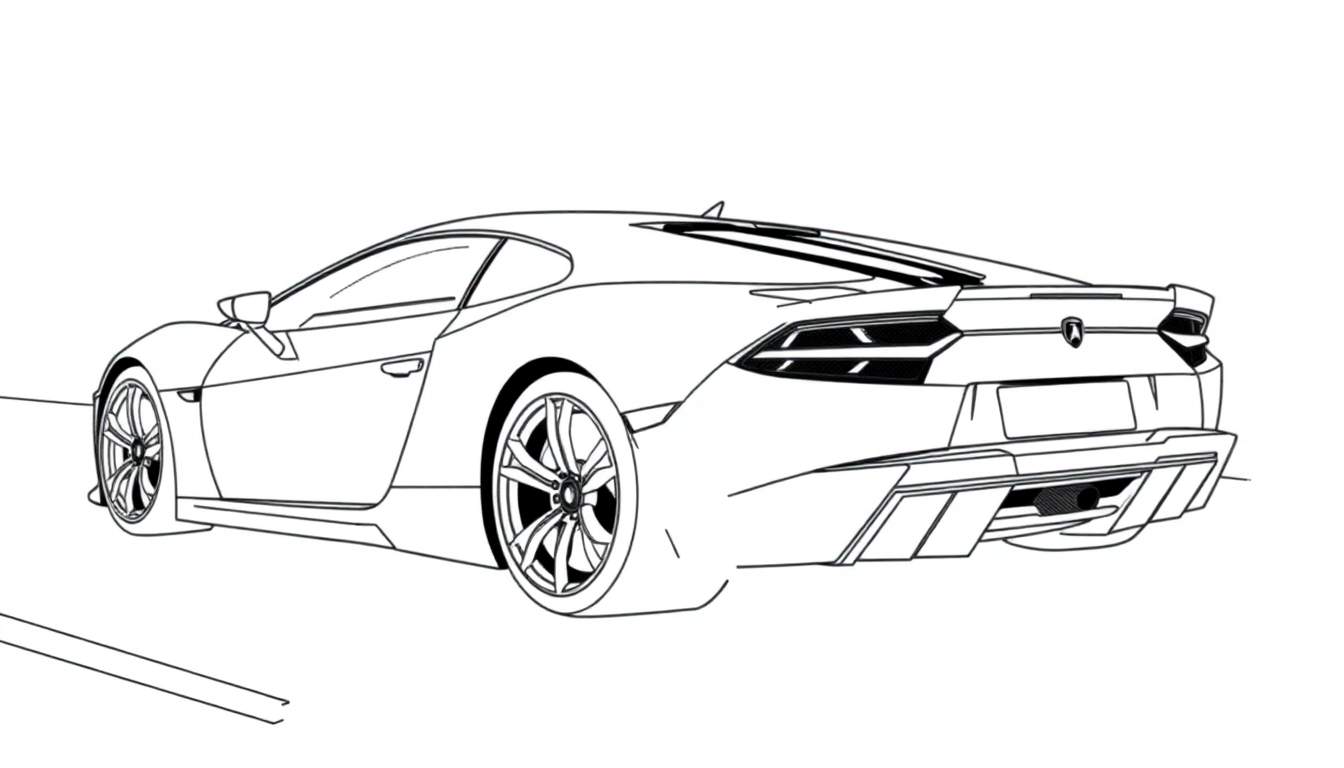 Dessin au trait noir et blanc d'une voiture de sport vue de l'arrière, un color panel prêt à être coloré.
