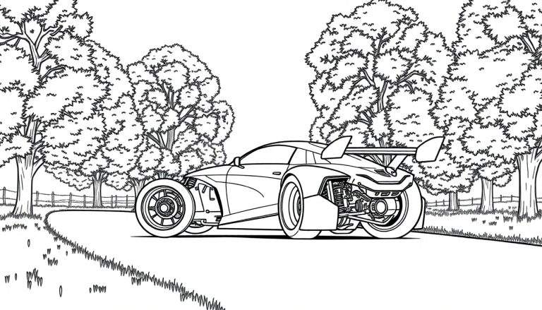 Une voiture de course futuriste en noir et blanc, prête à être coloriée comme une assiette de coloriage.