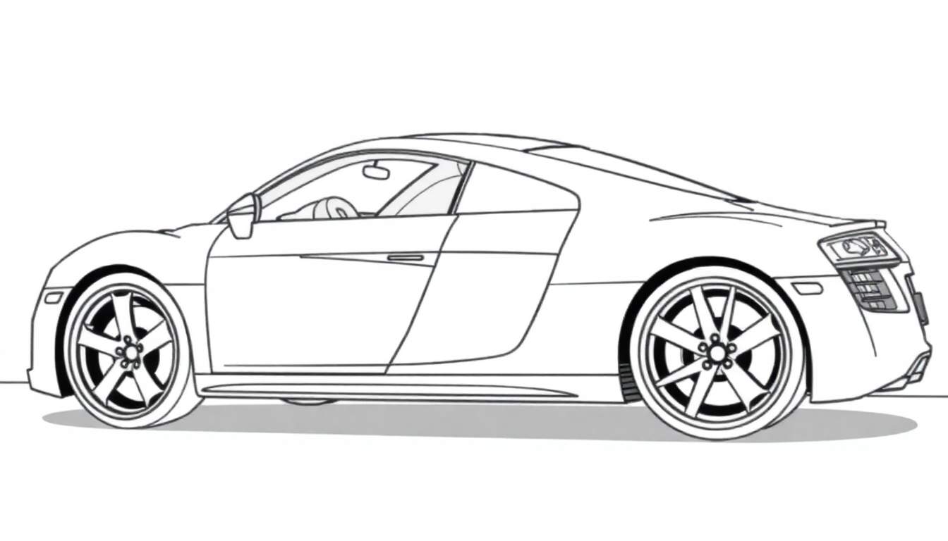 Dessin au trait d'une voiture de sport élégante, style Audi R8, prête à être coloriée avec des détails de roues et de feux arrière.