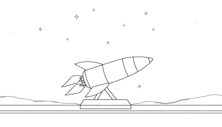 Dessin d'une fusée sur une plateforme, prête pour le décollage, avec un fond lunaire et un ciel étoilé. Ce color panel est prêt pour des couleurs vives !