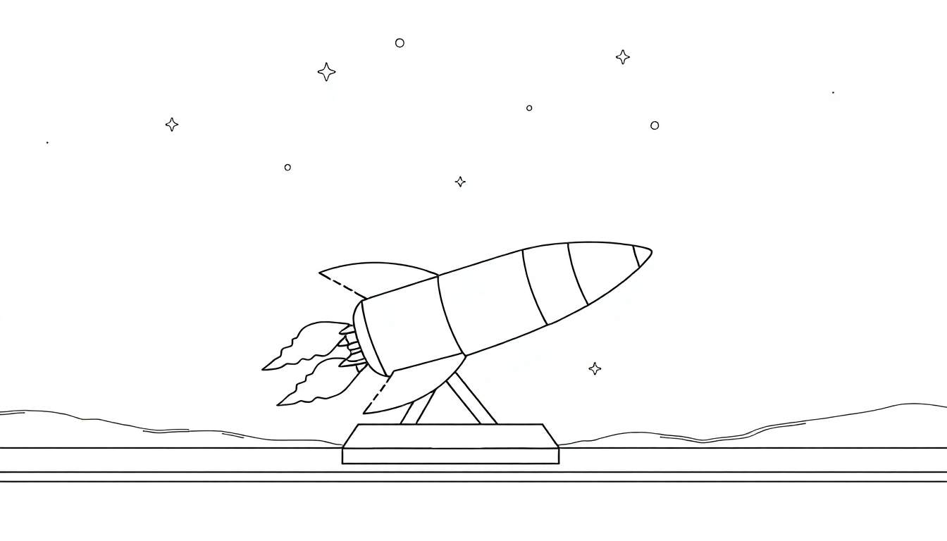 Dessin d'une fusée sur une plateforme, prête pour le décollage, avec un fond lunaire et un ciel étoilé. Ce color panel est prêt pour des couleurs vives !