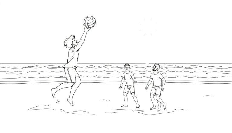 Quatre amis jouant au volley-ball sur la plage avec un soleil éclatant et un color panel océanique.