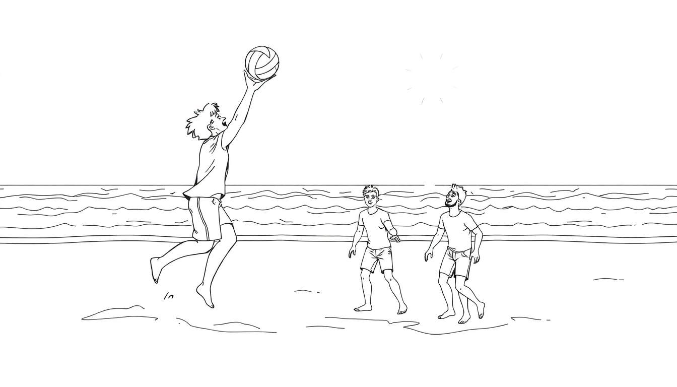 Quatre amis jouant au volley-ball sur la plage avec un soleil éclatant et un color panel océanique.