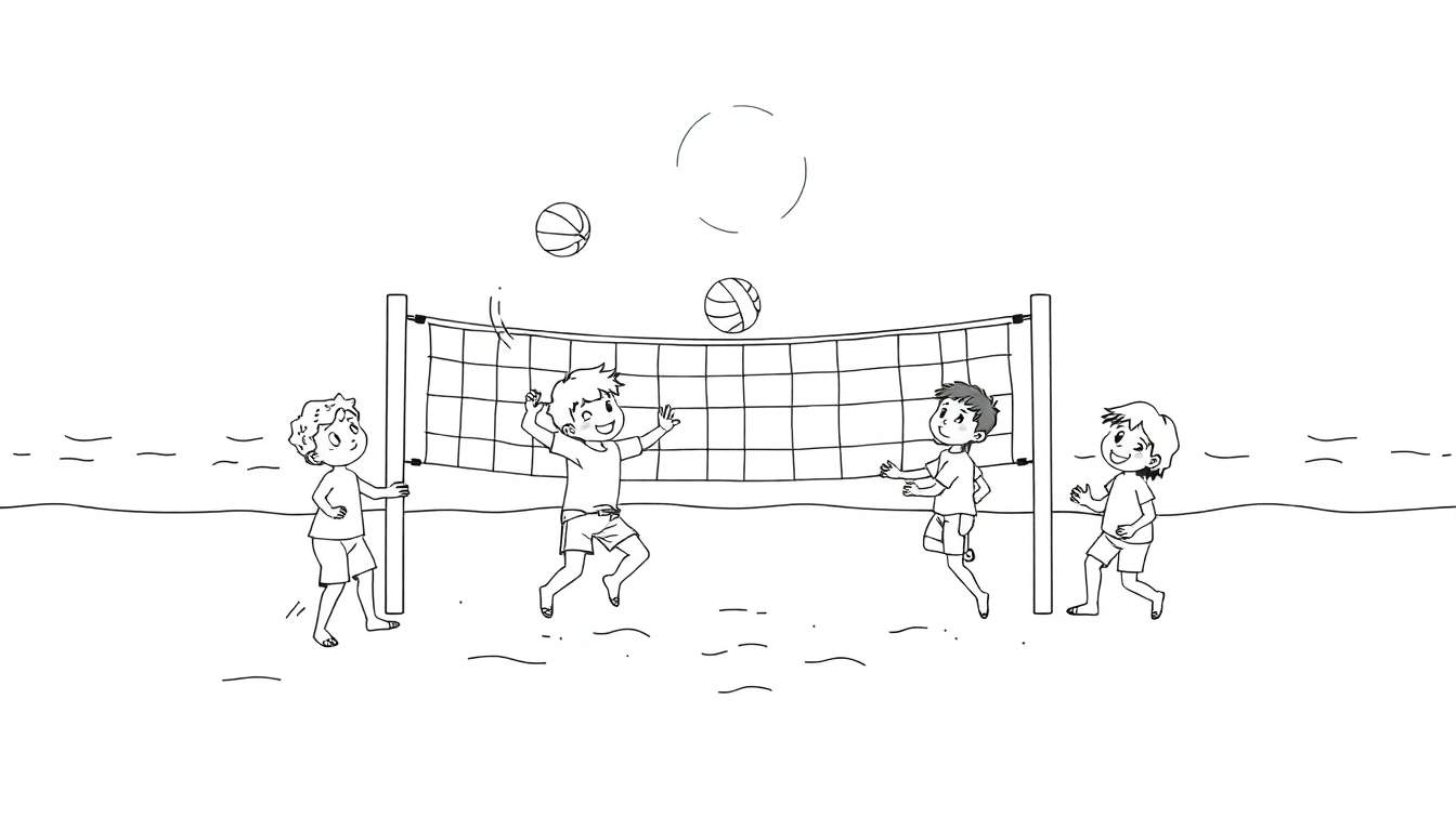 Dessin au trait en noir et blanc d'enfants jouant au volley-ball sur la plage, avec un color panel représentant l'océan.