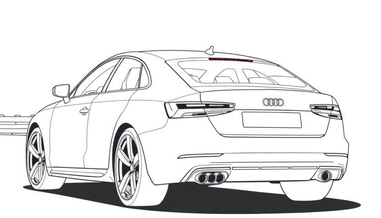 Dessin au trait noir et blanc d'une Audi vue de l'arrière, avec un arrière-plan blanc et une ombre portée simple.