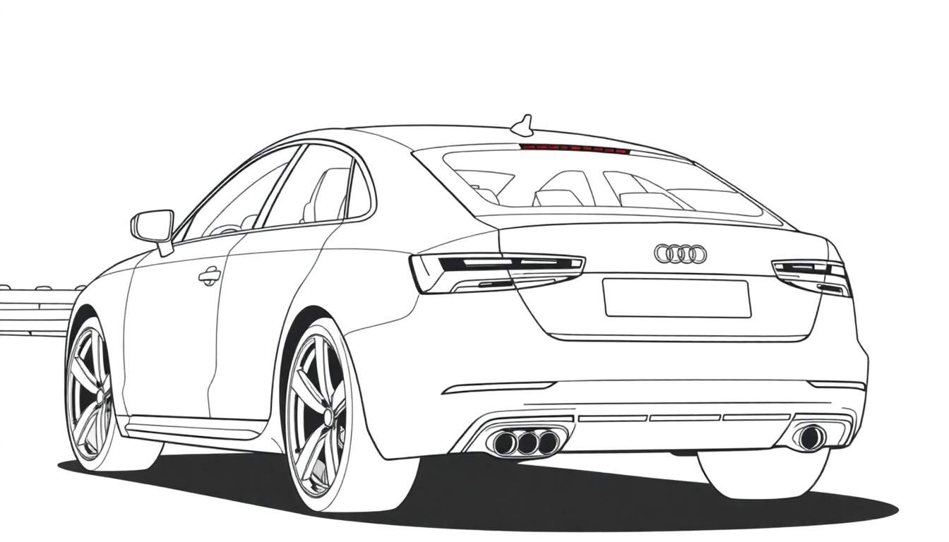 Dessin au trait noir et blanc d'une Audi vue de l'arrière, avec un arrière-plan blanc et une ombre portée simple.