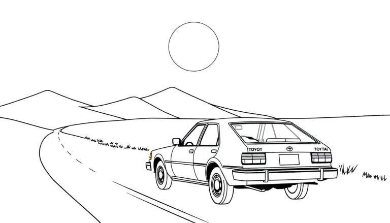 Dessin au trait d'une voiture Toyota vintage dans un paysage désertique, prête à être colorée.