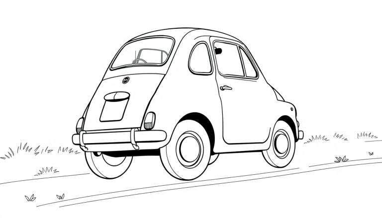 Une voiturette de dessin animé noir et blanc vue de l'arrière, prête à être coloriée.