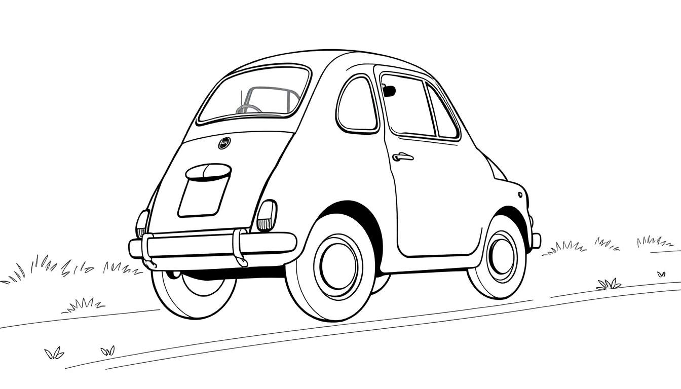 Une voiturette de dessin animé noir et blanc vue de l'arrière, prête à être coloriée.