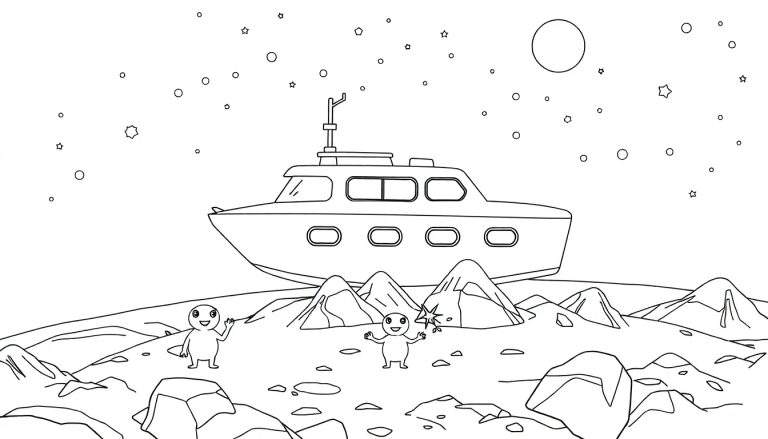 Dessin au trait noir et blanc d'un paysage lunaire avec un bateau sur des montagnes, deux aliens amicaux et des étoiles.