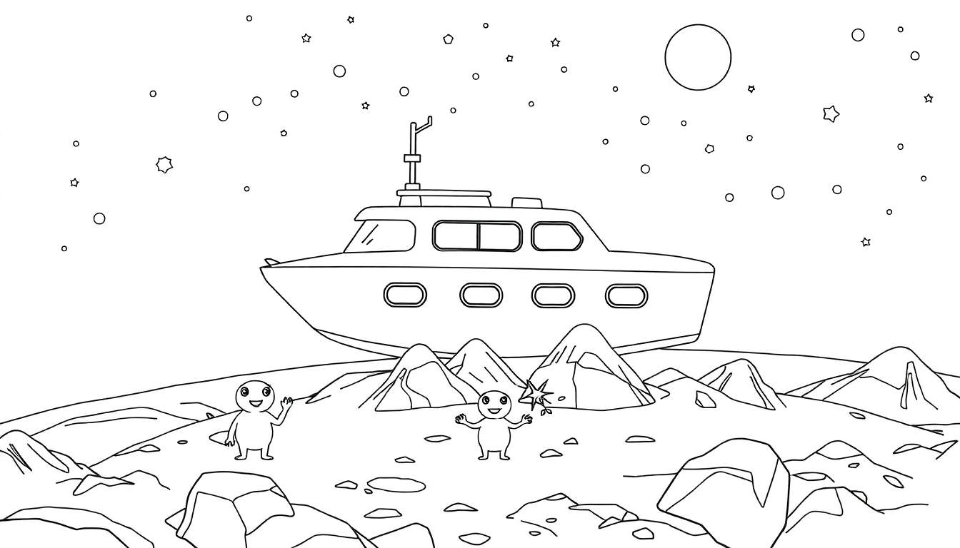 Dessin au trait noir et blanc d'un paysage lunaire avec un bateau sur des montagnes, deux aliens amicaux et des étoiles.