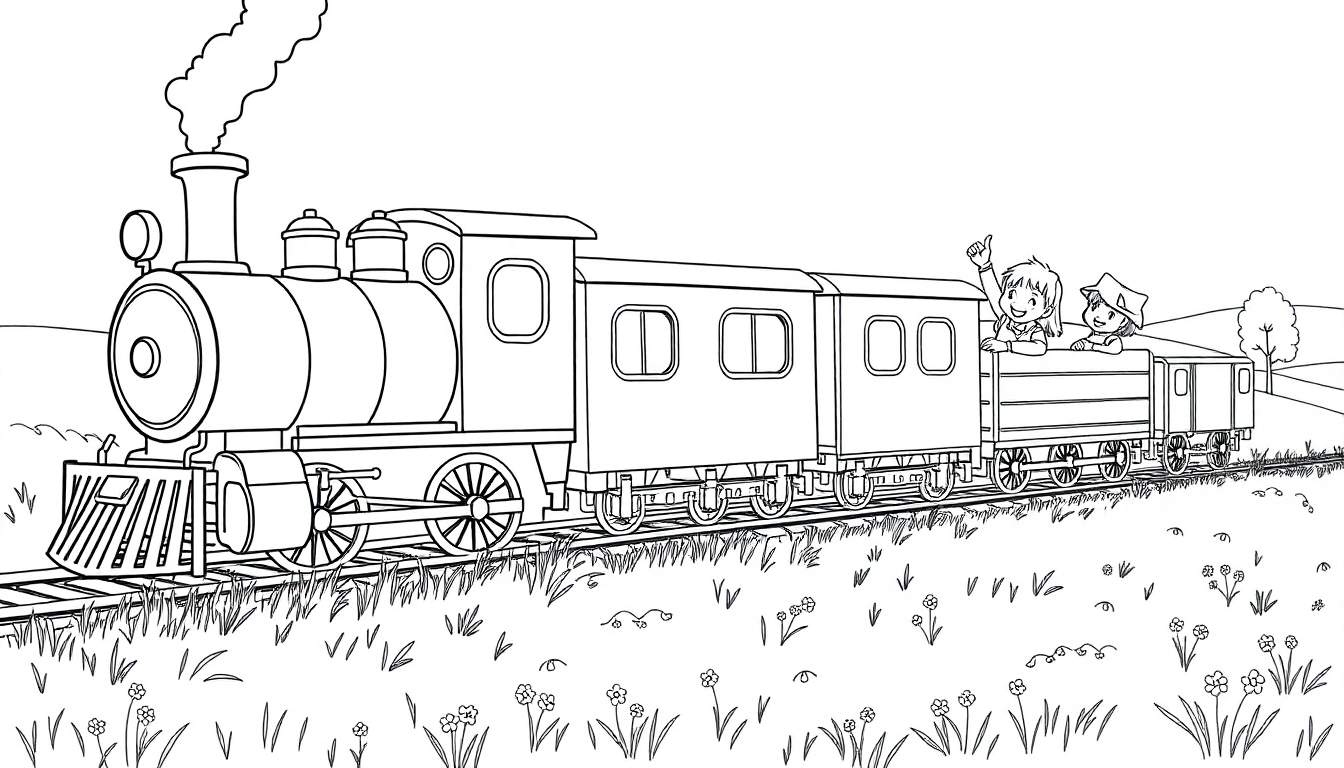Dessin au trait d'un train à vapeur traversant un champ fleuri, avec deux enfants dans la voiture de queue.