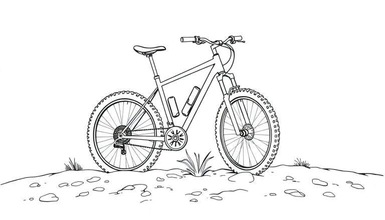 Un vélo de montagne noir et blanc détaillé, prêt pour l'aventure, avec des pneus robustes et une suspension avant, sur un terrain caillouteux.