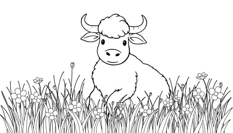 Un yak de dessin animé noir et blanc est assis dans un champ avec des fleurs, prêt pour le color panel.