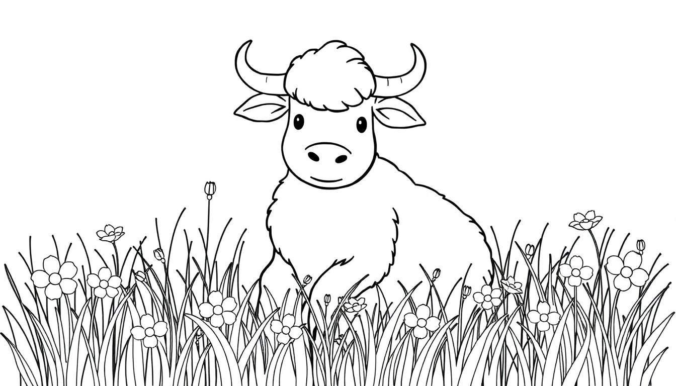Un yak de dessin animé noir et blanc est assis dans un champ avec des fleurs, prêt pour le color panel.
