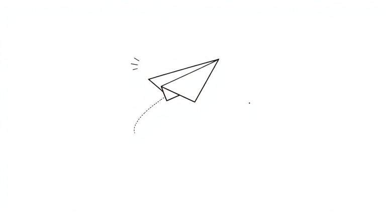Dessin au trait noir et blanc d'un avion en papier volant vers le haut et la droite, avec une ligne pointillée en dessous et des marques de vitesse.