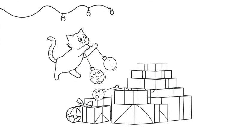 Dessin au trait noir et blanc d'un chat espiègle tenant deux boules de Noël, avec des piles de cadeaux empilés et une guirlande lumineuse en arrière-plan, parfait pour un coloriage de Noël.