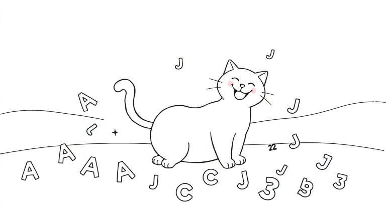 Coloriage d'un chat dessin animé heureux entouré de lettres et de chiffres.
