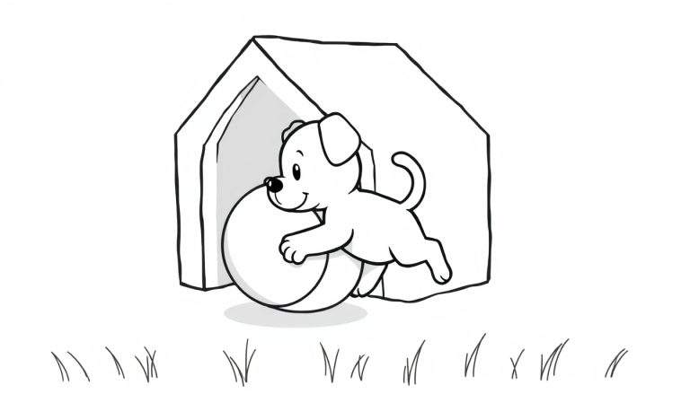 Coloriage d'un chiot joyeux poussant un ballon blanc avec ses pattes avant, juste devant une niche simple avec un toit pointu et une ouverture en arche. De l'herbe stylisée est visible au sol.
