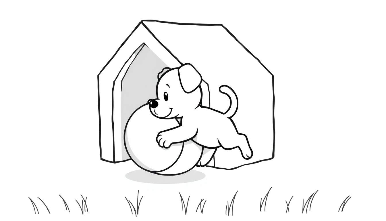 Coloriage d'un chiot joyeux poussant un ballon blanc avec ses pattes avant, juste devant une niche simple avec un toit pointu et une ouverture en arche. De l'herbe stylisée est visible au sol.