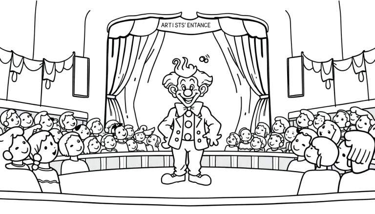 Illustration en noir et blanc d'un clown souriant sur une scène de spectacle, avec des enfants dans le public. Texte 'ARTISTS' ENTANCE' au-dessus de la scène. Coloriage pour enfants.