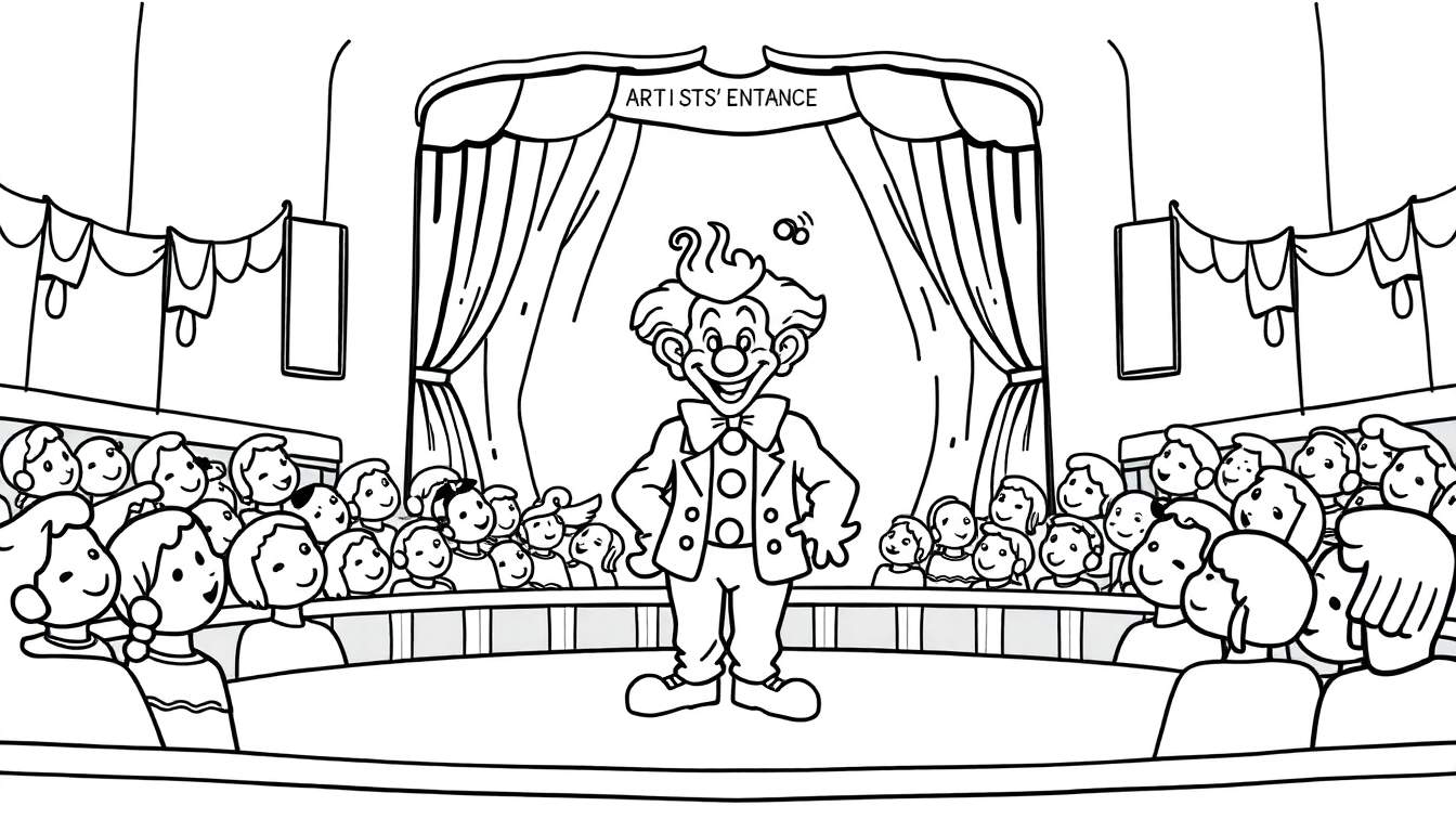 Illustration en noir et blanc d'un clown souriant sur une scène de spectacle, avec des enfants dans le public. Texte 'ARTISTS' ENTANCE' au-dessus de la scène. Coloriage pour enfants.