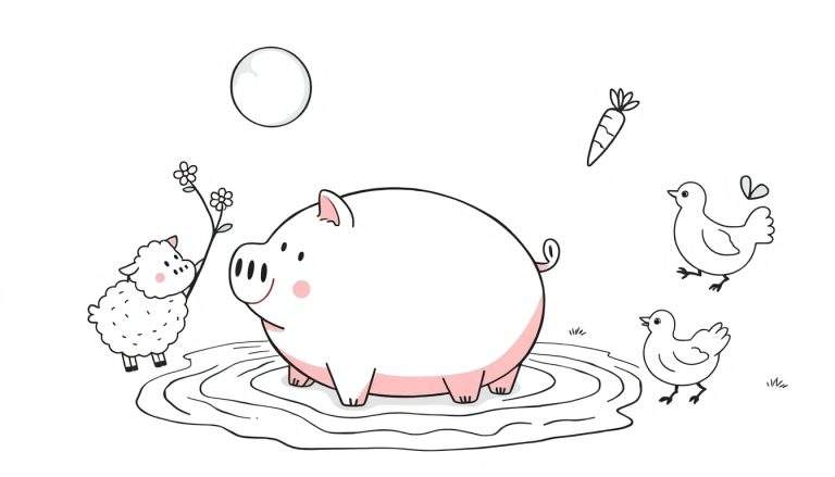 Coloriage d'un dessin animé de cochon, mouton, oiseaux et carotte.