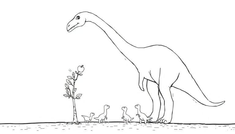 Dessin au trait noir et blanc d'un grand dinosaure sauropode, de quatre petits dinosaures et d'un arbre avec une pomme tombante.