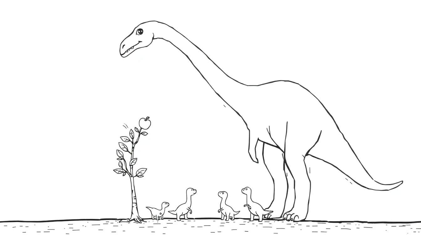 Dessin au trait noir et blanc d'un grand dinosaure sauropode, de quatre petits dinosaures et d'un arbre avec une pomme tombante.