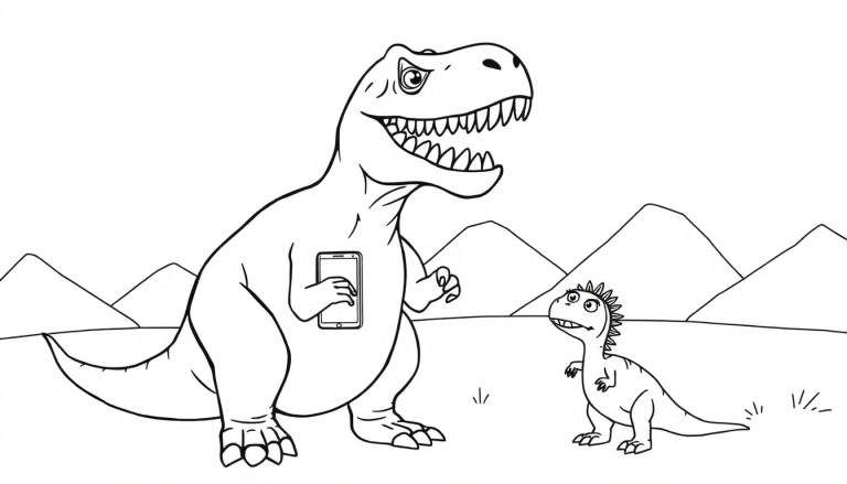 Dessin au trait noir et blanc d'un grand dinosaure Tyrannosaure Rex tenant un smartphone dans sa patte avant et semblant frustré, regardé par un petit dinosaure curieux, avec des montagnes et de l'herbe en arrière-plan.