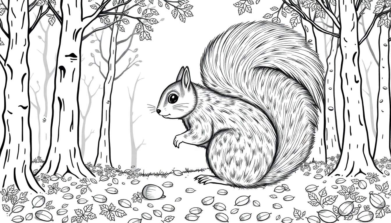 Page de coloriage d'un écureuil assis parmi des arbres et des feuilles d'automne.