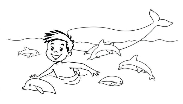 Coloriage d'un garçon souriant nageant avec des dauphins et une baleine.
