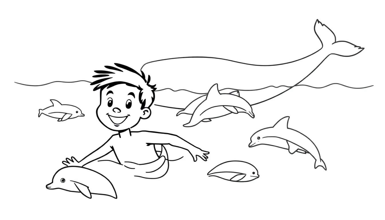 Coloriage d'un garçon souriant nageant avec des dauphins et une baleine.
