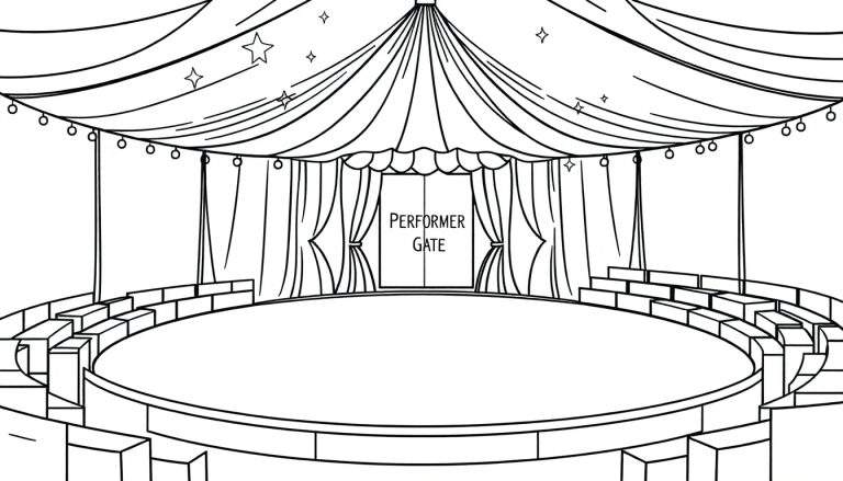 Dessin au trait noir et blanc d'un intérieur de tente de cirque avec scène, entrée 'PERFORMER GATE' et gradins.