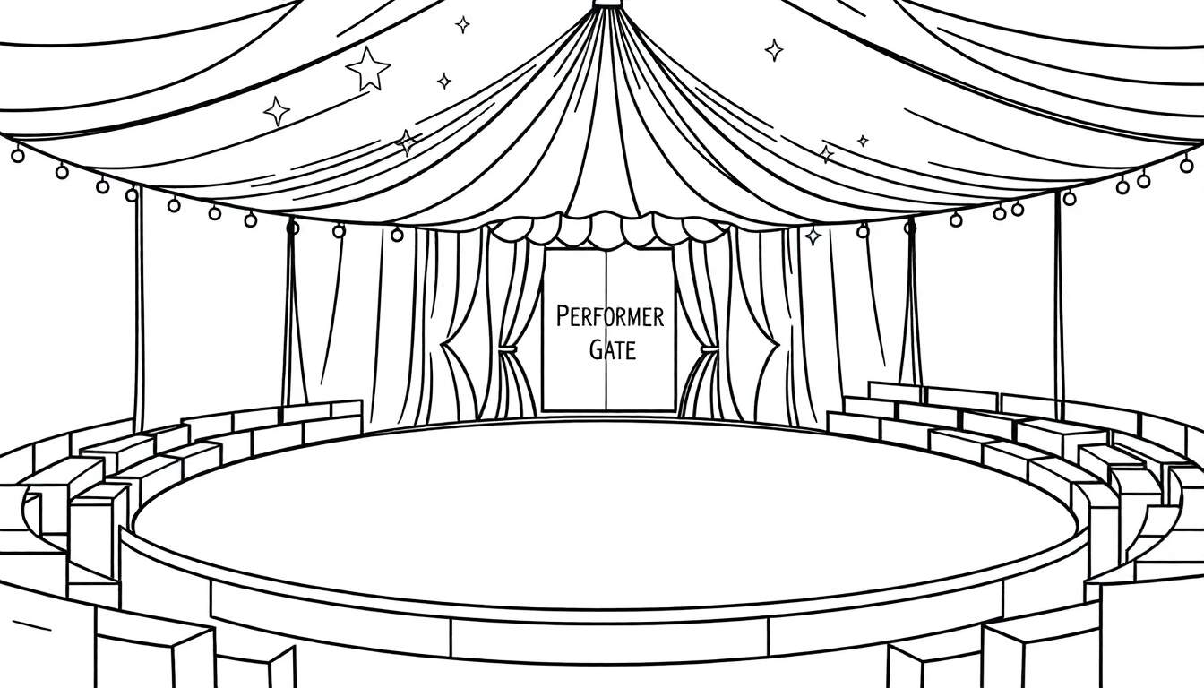 Dessin au trait noir et blanc d'un intérieur de tente de cirque avec scène, entrée 'PERFORMER GATE' et gradins.