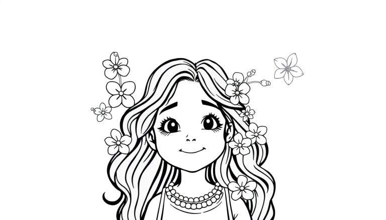 Coloriage d'une jeune fille joyeuse avec de longs cheveux, un collier de perles et des fleurs.