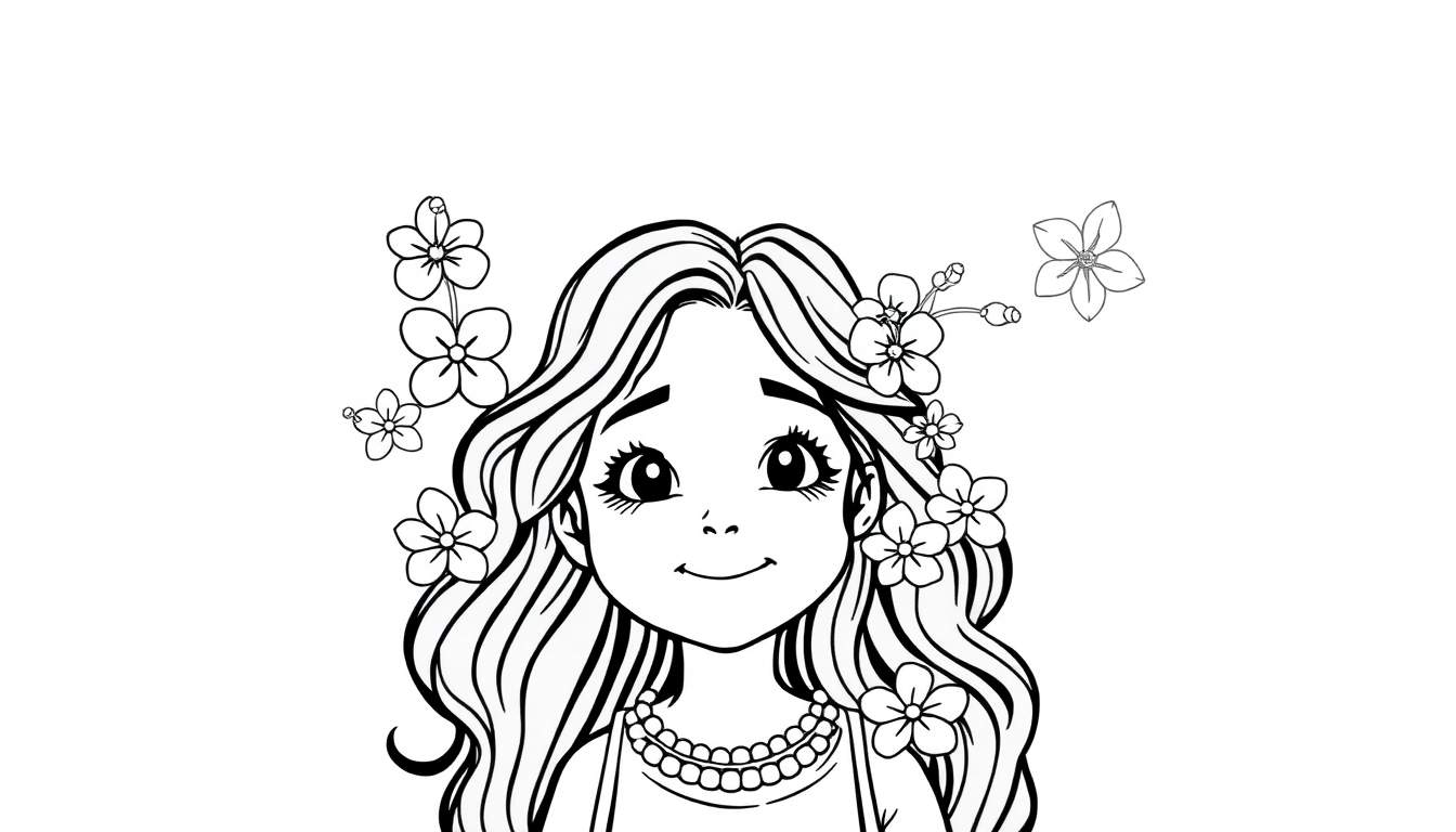 Coloriage d'une jeune fille joyeuse avec de longs cheveux, un collier de perles et des fleurs.