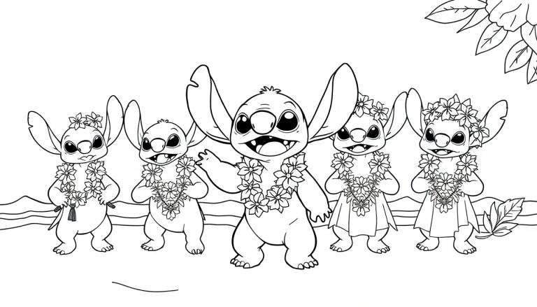 Coloriage de Stitch et quatre de ses cousins habillés pour une fête hawaïenne, portant des colliers de fleurs et des couronnes, souriant joyeusement sur un fond suggérant du sable et de la végétation tropicale.