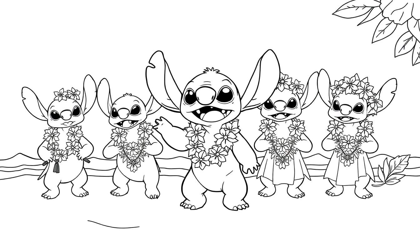 Coloriage de Stitch et quatre de ses cousins habillés pour une fête hawaïenne, portant des colliers de fleurs et des couronnes, souriant joyeusement sur un fond suggérant du sable et de la végétation tropicale.