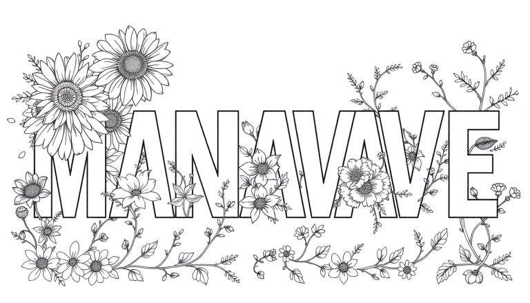Dessin au trait d'une page de coloriage avec le mot 'MANAVAVE' écrit en grosses lettres ornées de fleurs et de feuilles.