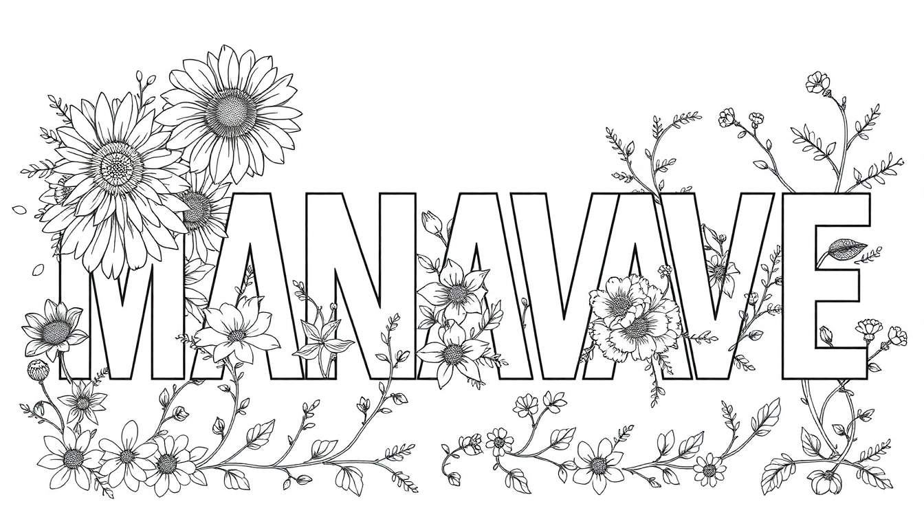 Dessin au trait d'une page de coloriage avec le mot 'MANAVAVE' écrit en grosses lettres ornées de fleurs et de feuilles.