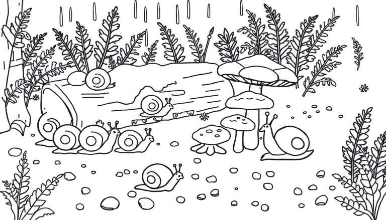 Dessin pour coloriage d'une scène de nature avec des escargots rampant sur un tronc d'arbre, des champignons, des fougères et des gouttes de pluie.