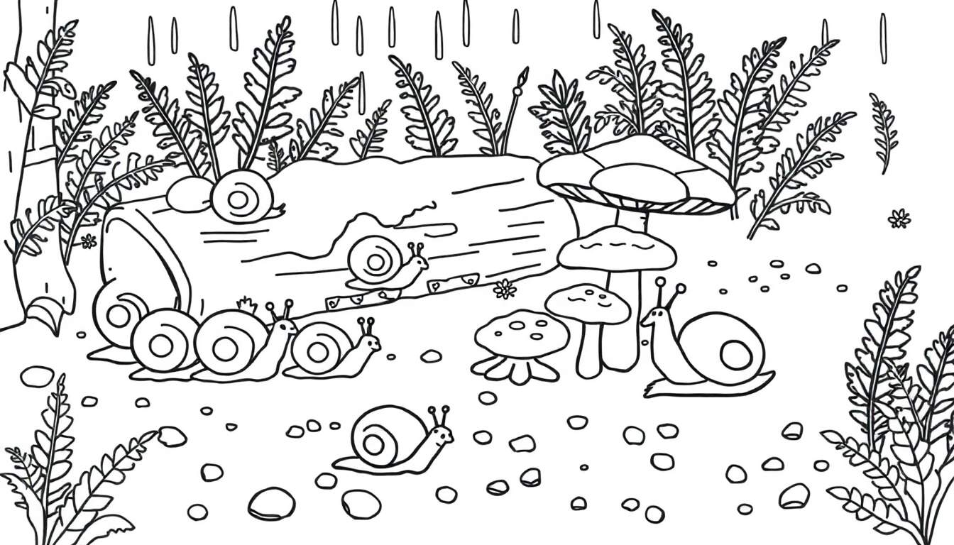 Dessin pour coloriage d'une scène de nature avec des escargots rampant sur un tronc d'arbre, des champignons, des fougères et des gouttes de pluie.
