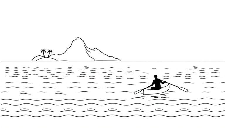 Dessin au trait noir et blanc d'une personne pagayant dans un canoë sur l'eau, avec une île, des palmiers et une montagne à l'horizon.