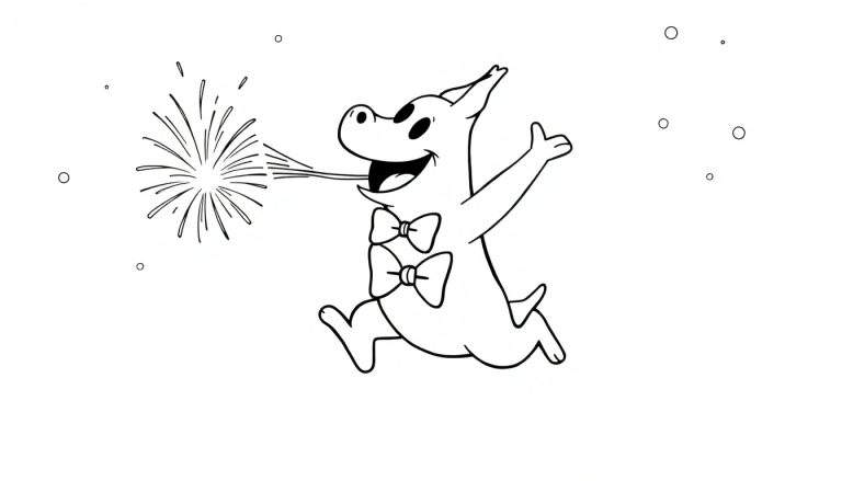 Dessin au trait d'un personnage de dessin animé joyeux, de style Moomin, bondissant avec un serpentin festif sortant de sa bouche et deux nœuds papillons.