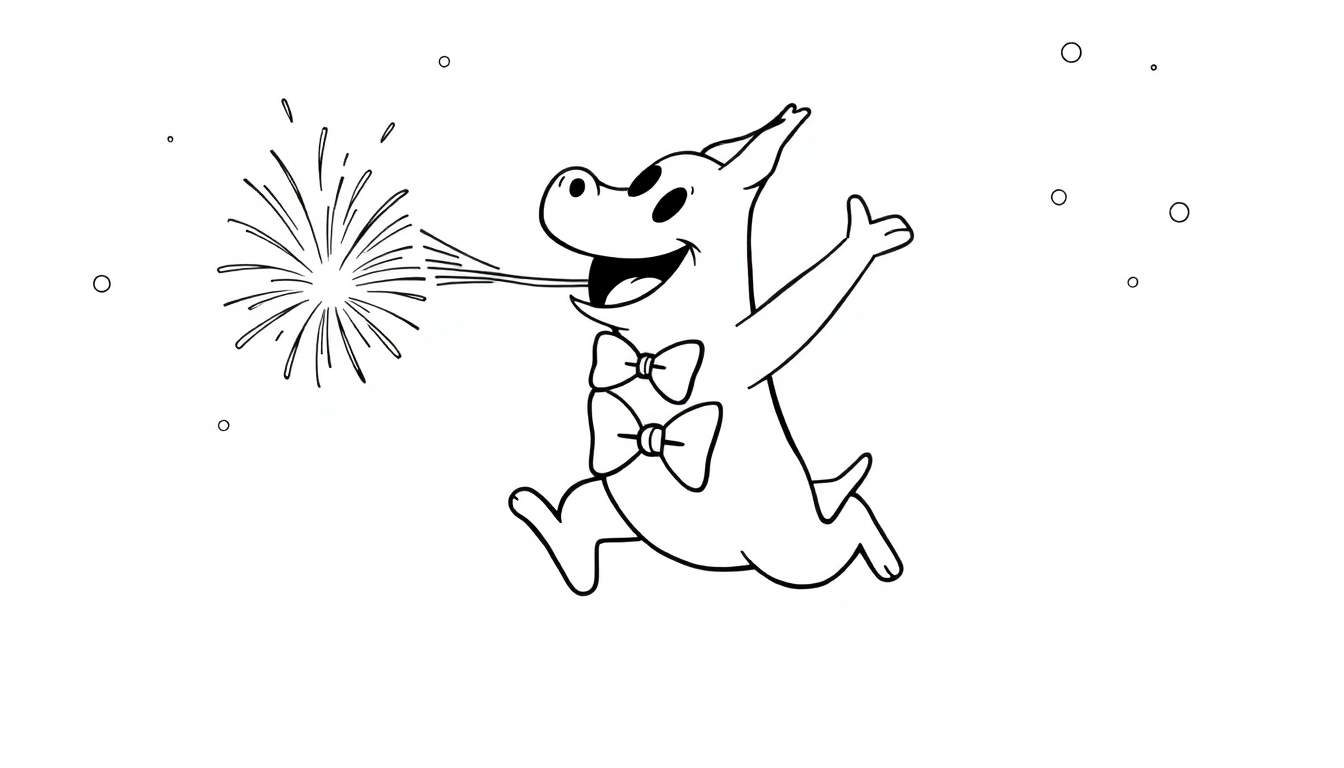 Dessin au trait d'un personnage de dessin animé joyeux, de style Moomin, bondissant avec un serpentin festif sortant de sa bouche et deux nœuds papillons.