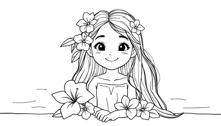 Dessin au trait noir et blanc d'une petite fille souriante aux longs cheveux ornés de fleurs, entourée de fleurs et de lignes évoquant l'eau, page de coloriage.