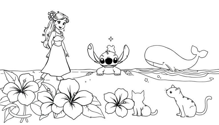 Dessin au trait d'une scène de plage tropicale avec une jeune femme, Stitch, une baleine et deux chats, prêt à être colorié.