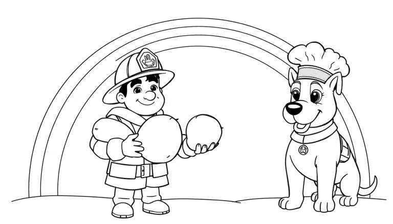 Dessin en noir et blanc d'un garçon pompier et d'un chien chef cuisinier sous un arc-en-ciel, prêt à être colorié.